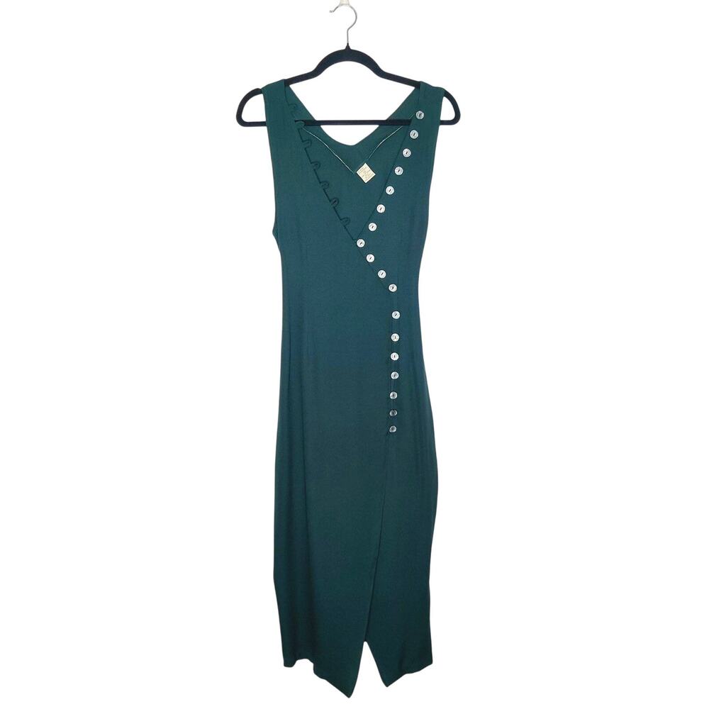 Vintage Asymmetric Button Front Sleeveless Slinky Tie Back Dress 3 Forest Green